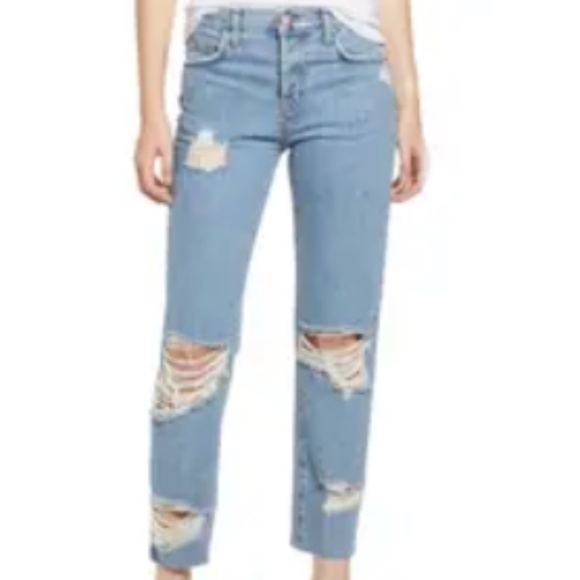 Current/Elliott Ripped Orig Straight Leg Jeans Cut Hem Blue Smoke - NWT Sz 28 - Picture 2 of 5